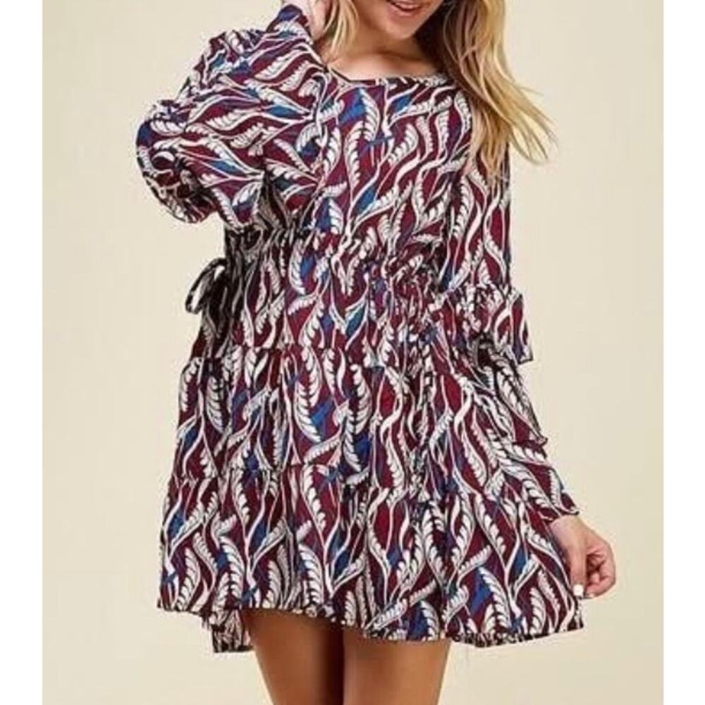 Velzera Boho Bell Sleeve Tunic Dress Size M Burgundy Blue Leaf Print